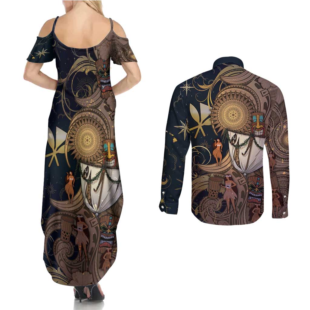 Hawaii Makahiki Couples Matching Summer Maxi Dress and Long Sleeve Button Shirt Polynesian Sky And Earth - Polynesian Pride