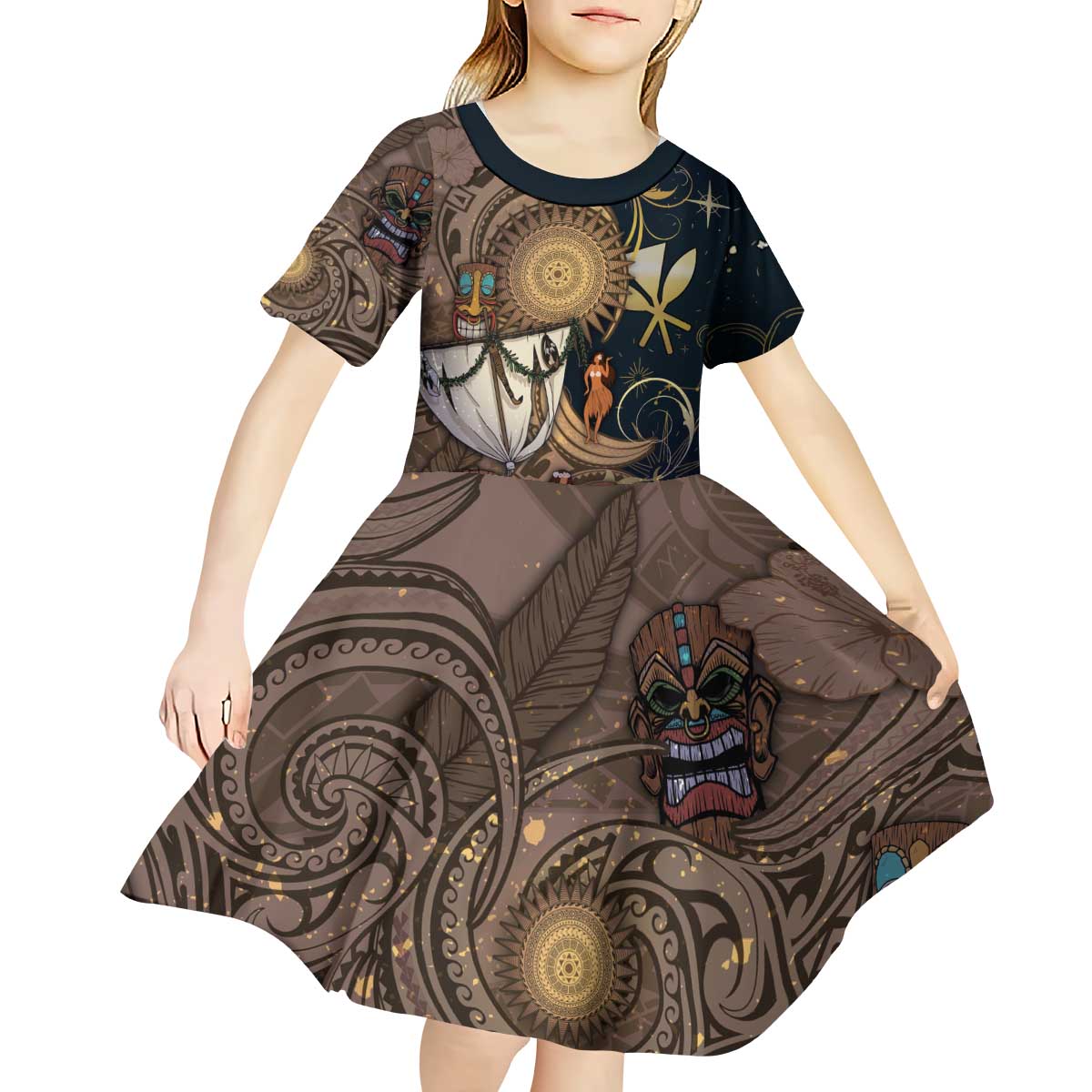 Hawaii Makahiki Kid Short Sleeve Dress Polynesian Sky And Earth - Polynesian Pride
