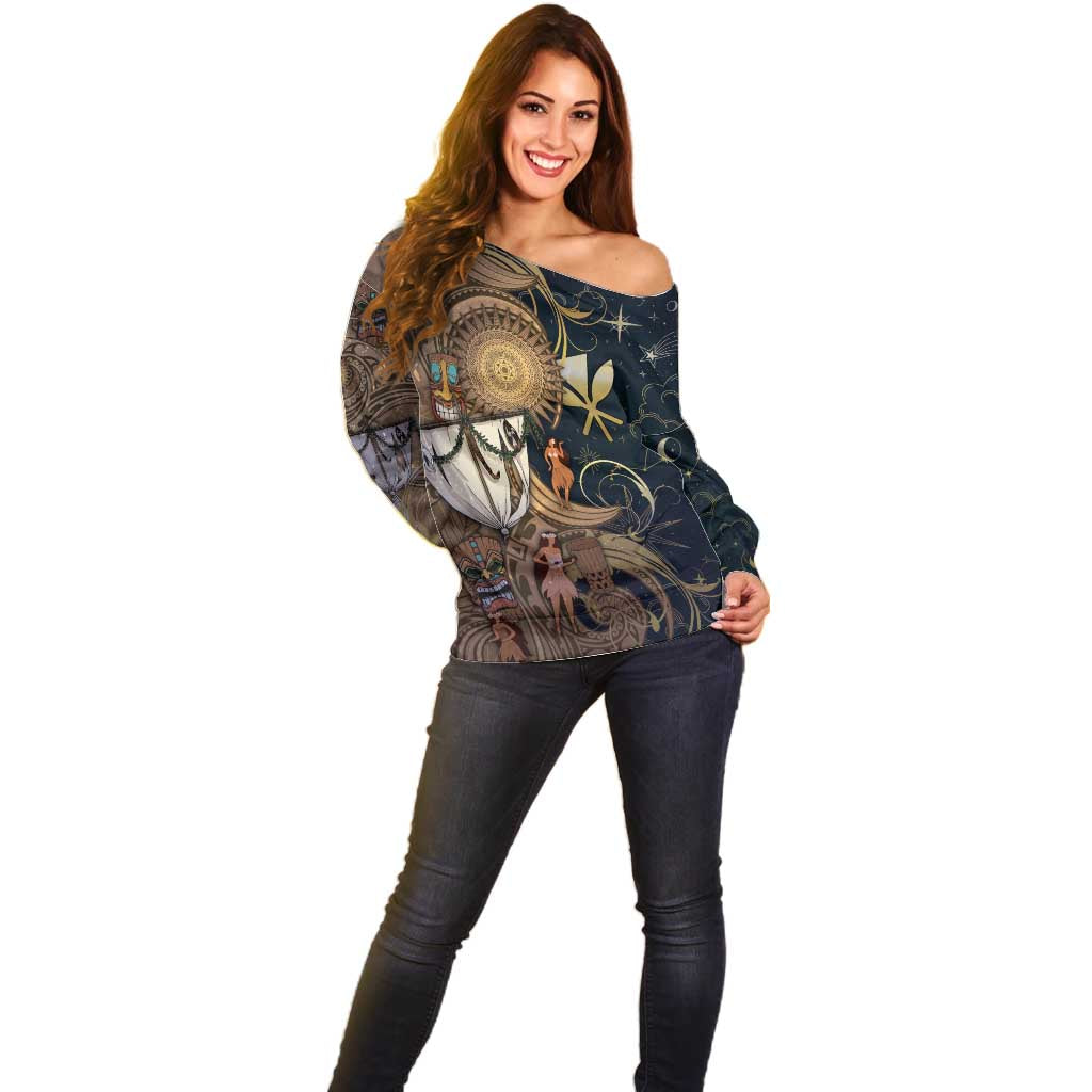 Hawaii Makahiki Off Shoulder Sweater Polynesian Sky And Earth - Polynesian Pride