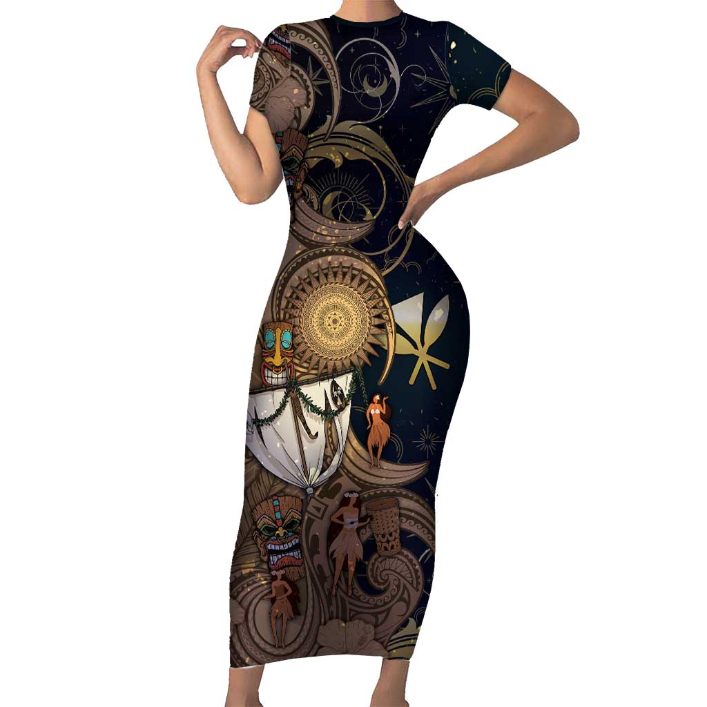 Hawaii Makahiki Short Sleeve Bodycon Dress Polynesian Sky And Earth - Polynesian Pride