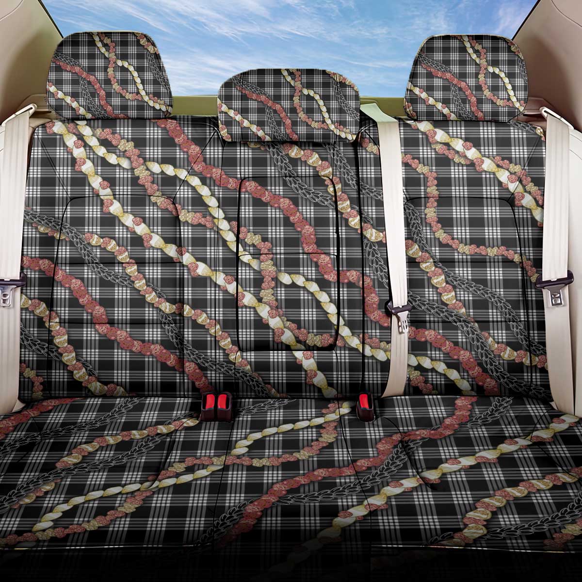 Hawaii Palaka Niihau Shell Lei Back Car Seat Cover Tropical Island Plaid Patterns DT05 One Size Black - Polynesian Pride