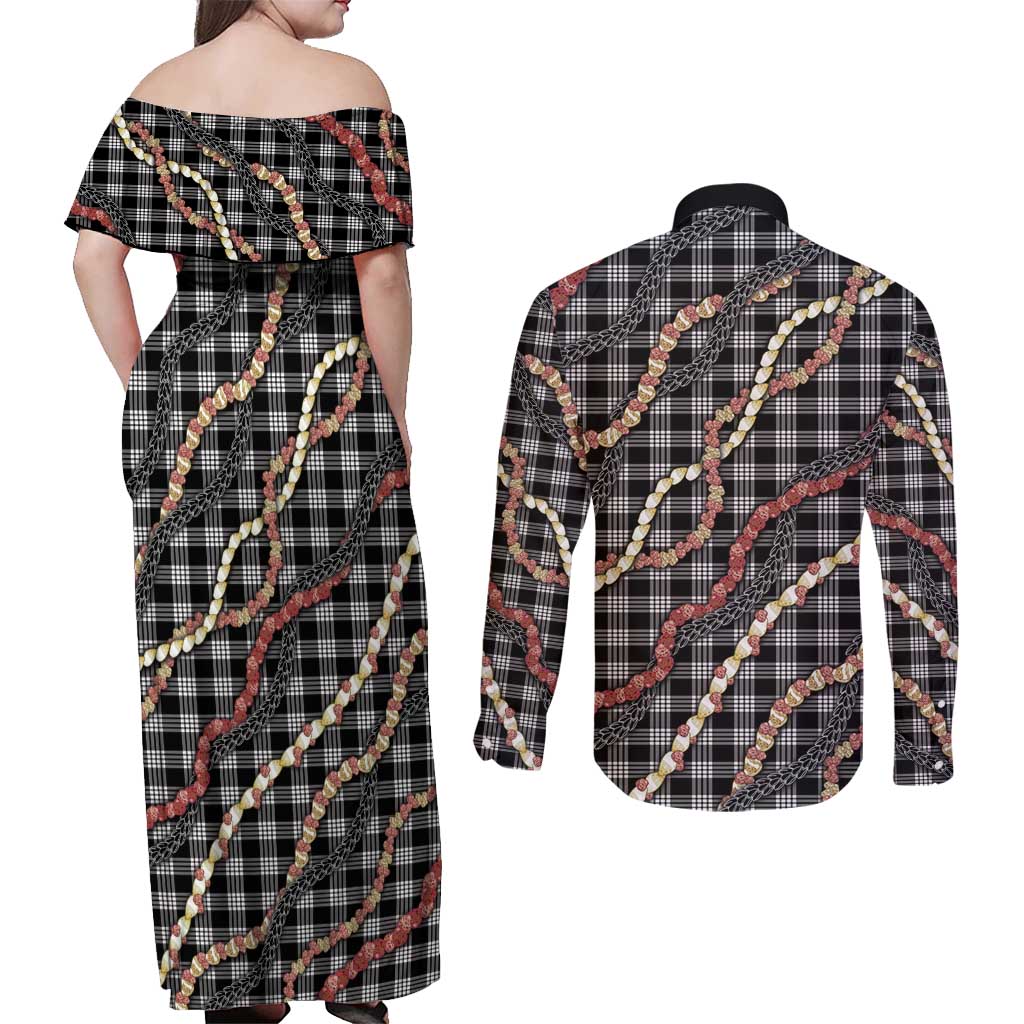 Hawaii Palaka Niihau Shell Lei Couples Matching Off Shoulder Maxi Dress and Long Sleeve Button Shirt Tropical Island Plaid Patterns