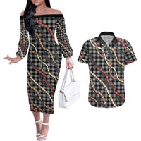 Hawaii Palaka Niihau Shell Lei Couples Matching Off The Shoulder Long Sleeve Dress and Hawaiian Shirt Tropical Island Plaid Patterns DT05 Black - Polynesian Pride