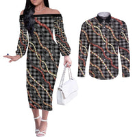Hawaii Palaka Niihau Shell Lei Couples Matching Off The Shoulder Long Sleeve Dress and Long Sleeve Button Shirt Tropical Island Plaid Patterns DT05 Black - Polynesian Pride