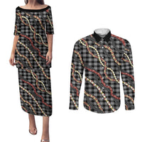 Hawaii Palaka Niihau Shell Lei Couples Matching Puletasi and Long Sleeve Button Shirt Tropical Island Plaid Patterns