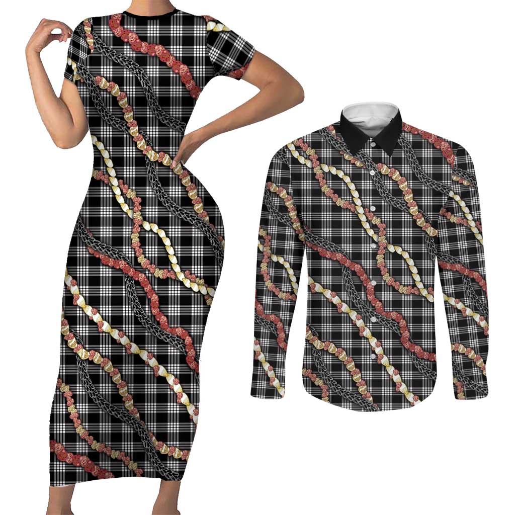 Hawaii Palaka Niihau Shell Lei Couples Matching Short Sleeve Bodycon Dress and Long Sleeve Button Shirt Tropical Island Plaid Patterns DT05 Black - Polynesian Pride