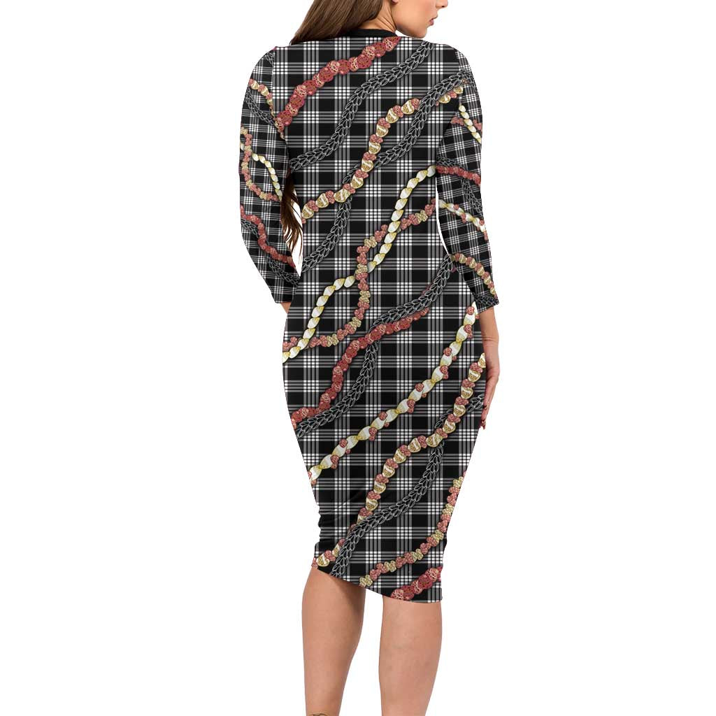 Hawaii Palaka Niihau Shell Lei Family Matching Long Sleeve Bodycon Dress and Hawaiian Shirt Tropical Island Plaid Patterns