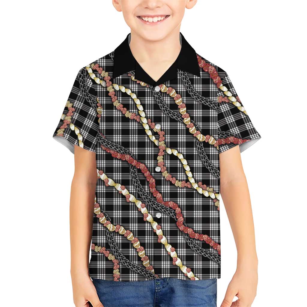 Hawaii Palaka Niihau Shell Lei Family Matching Off The Shoulder Long Sleeve Dress and Hawaiian Shirt Tropical Island Plaid Patterns