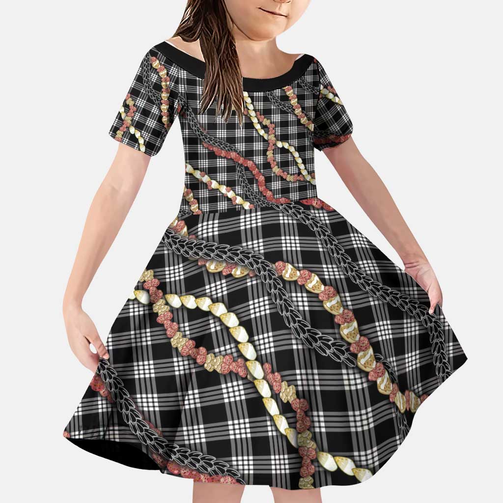 Hawaii Palaka Niihau Shell Lei Family Matching Off Shoulder Short Dress and Hawaiian Shirt Tropical Island Plaid Patterns