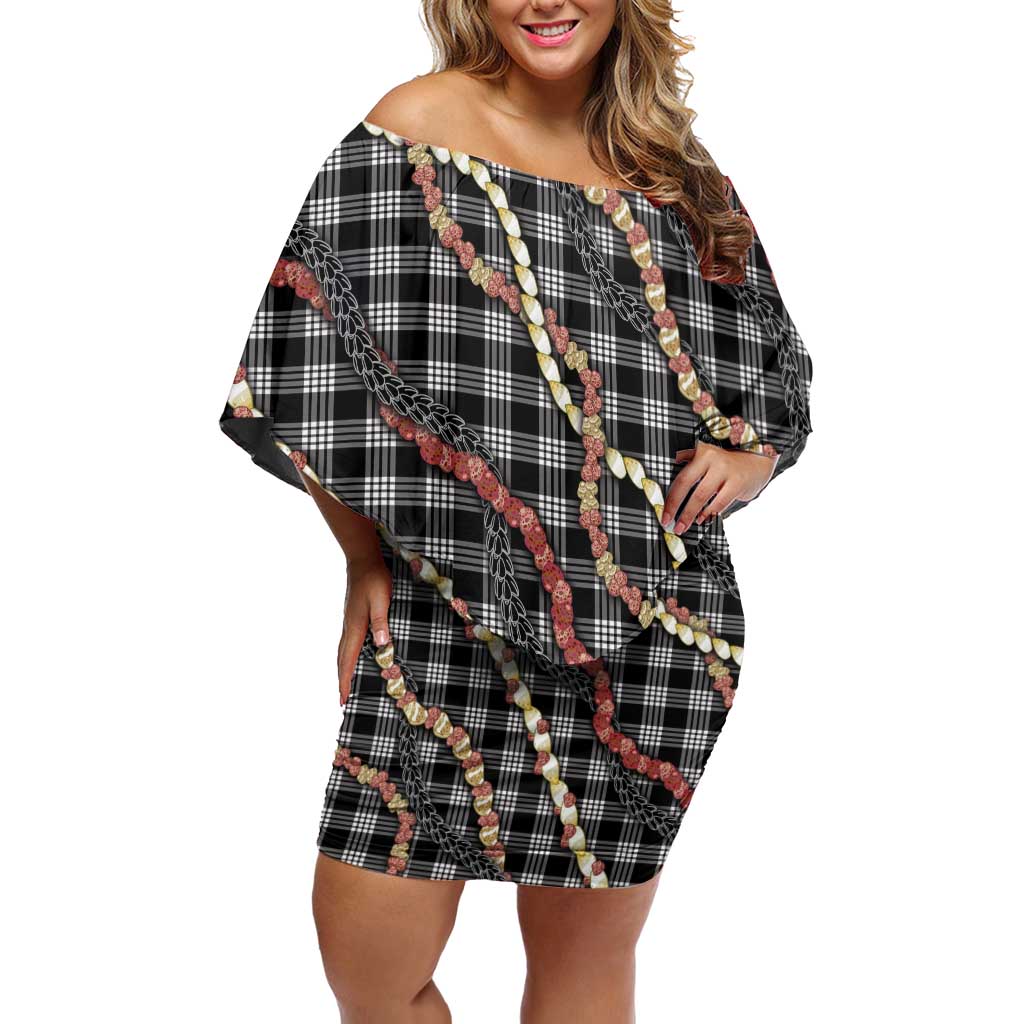 Hawaii Palaka Niihau Shell Lei Family Matching Off Shoulder Short Dress and Hawaiian Shirt Tropical Island Plaid Patterns