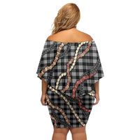 Hawaii Palaka Niihau Shell Lei Family Matching Off Shoulder Short Dress and Hawaiian Shirt Tropical Island Plaid Patterns