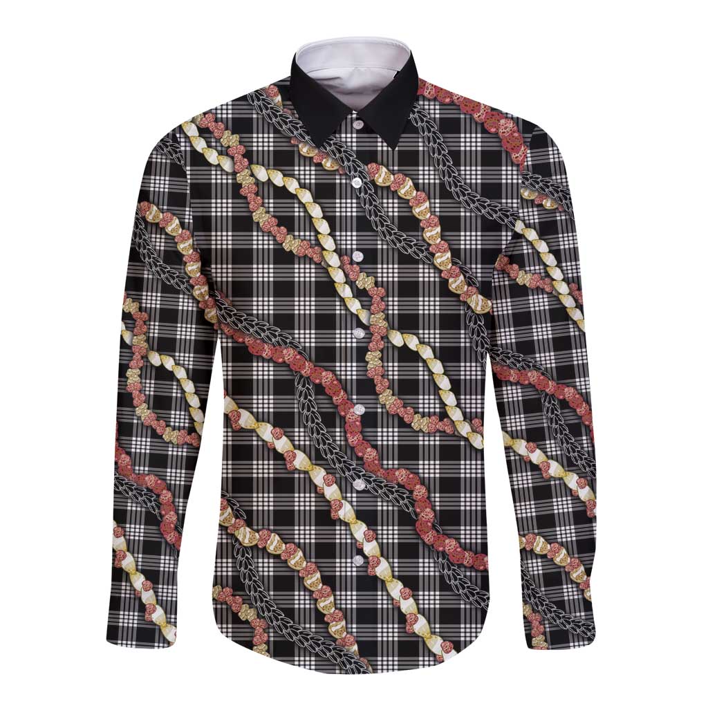 Hawaii Palaka Niihau Shell Lei Long Sleeve Button Shirt Tropical Island Plaid Patterns DT05 Unisex Black - Polynesian Pride