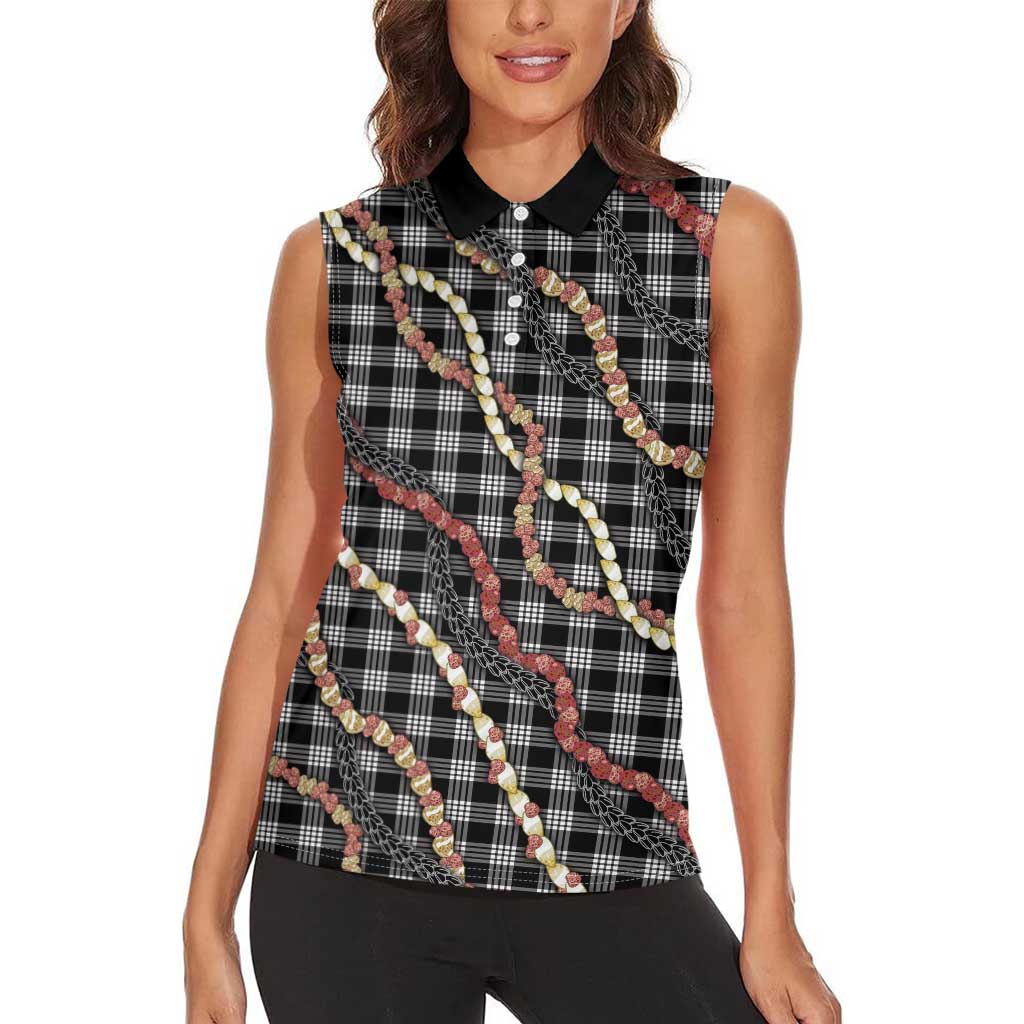 Hawaii Palaka Niihau Shell Lei Women Sleeveless Polo Shirt Tropical Island Plaid Patterns