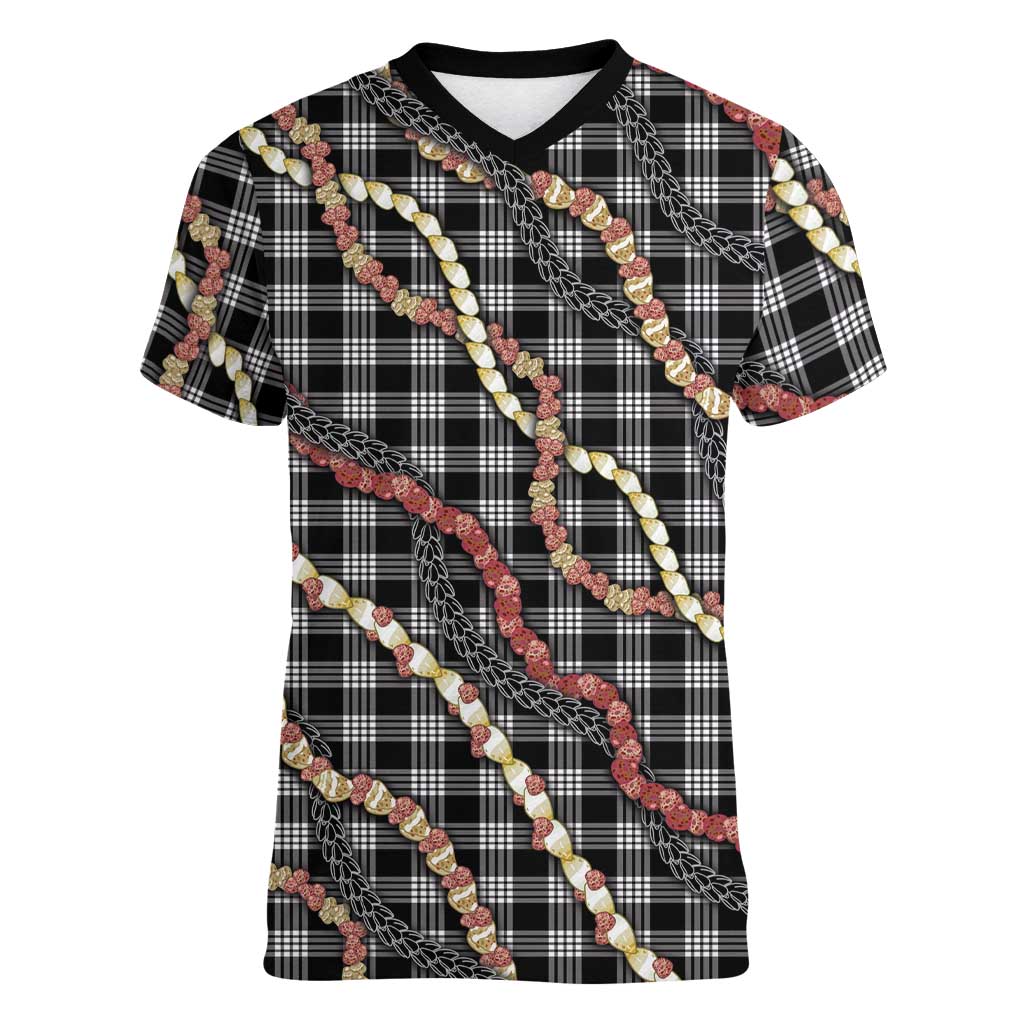 Hawaii Palaka Niihau Shell Lei Women V-Neck T-Shirt Tropical Island Plaid Patterns DT05 Female Black - Polynesian Pride