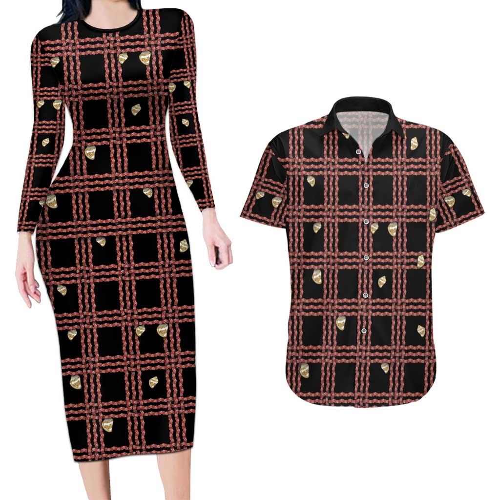 Hawaii Palaka Kahelelani Shell Lei Costume Couples Matching Long Sleeve Bodycon Dress and Hawaiian Shirt Plaid Patterns DT05 Black - Polynesian Pride