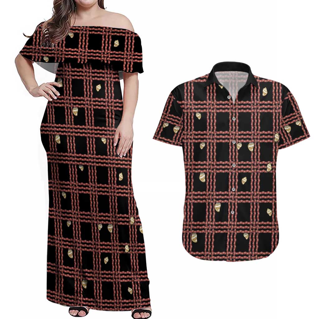 Hawaii Palaka Kahelelani Shell Lei Costume Couples Matching Off Shoulder Maxi Dress and Hawaiian Shirt Plaid Patterns