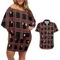 Hawaii Palaka Kahelelani Shell Lei Costume Couples Matching Off Shoulder Short Dress and Hawaiian Shirt Plaid Patterns
