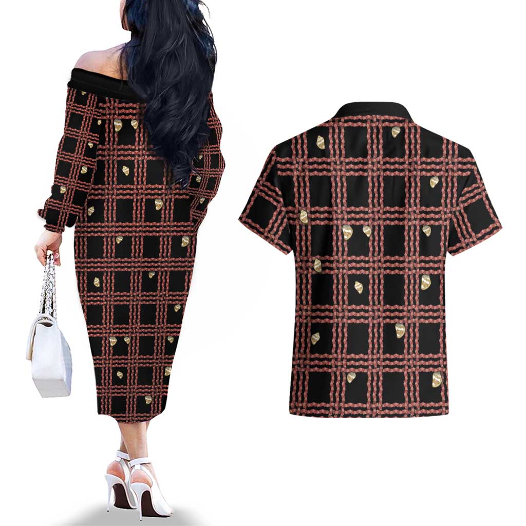 Hawaii Palaka Kahelelani Shell Lei Costume Couples Matching Off The Shoulder Long Sleeve Dress and Hawaiian Shirt Plaid Patterns DT05 - Polynesian Pride