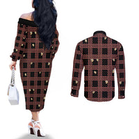 Hawaii Palaka Kahelelani Shell Lei Costume Couples Matching Off The Shoulder Long Sleeve Dress and Long Sleeve Button Shirt Plaid Patterns