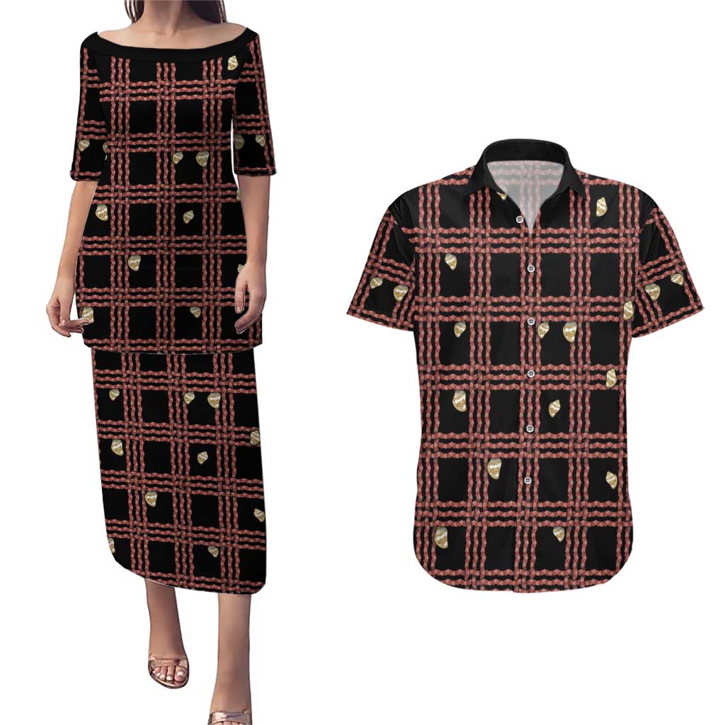 Hawaii Palaka Kahelelani Shell Lei Costume Couples Matching Puletasi and Hawaiian Shirt Plaid Patterns