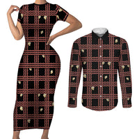 Hawaii Palaka Kahelelani Shell Lei Costume Couples Matching Short Sleeve Bodycon Dress and Long Sleeve Button Shirt Plaid Patterns