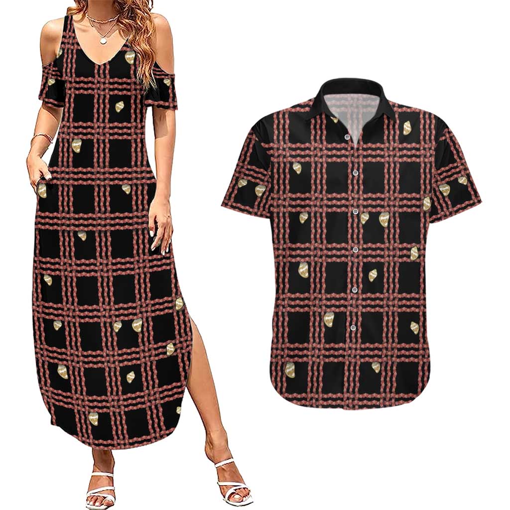 Hawaii Palaka Kahelelani Shell Lei Costume Couples Matching Summer Maxi Dress and Hawaiian Shirt Plaid Patterns