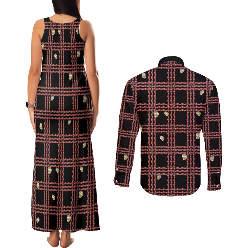 Hawaii Palaka Kahelelani Shell Lei Costume Couples Matching Tank Maxi Dress and Long Sleeve Button Shirt Plaid Patterns