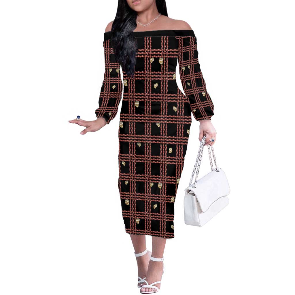 Hawaii Palaka Kahelelani Shell Lei Costume Family Matching Off The Shoulder Long Sleeve Dress and Hawaiian Shirt Plaid Patterns DT05 Mom's Dress Black - Polynesian Pride