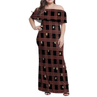 Hawaii Palaka Kahelelani Shell Lei Costume Family Matching Off Shoulder Maxi Dress and Hawaiian Shirt Plaid Patterns DT05 Mom's Dress Black - Polynesian Pride