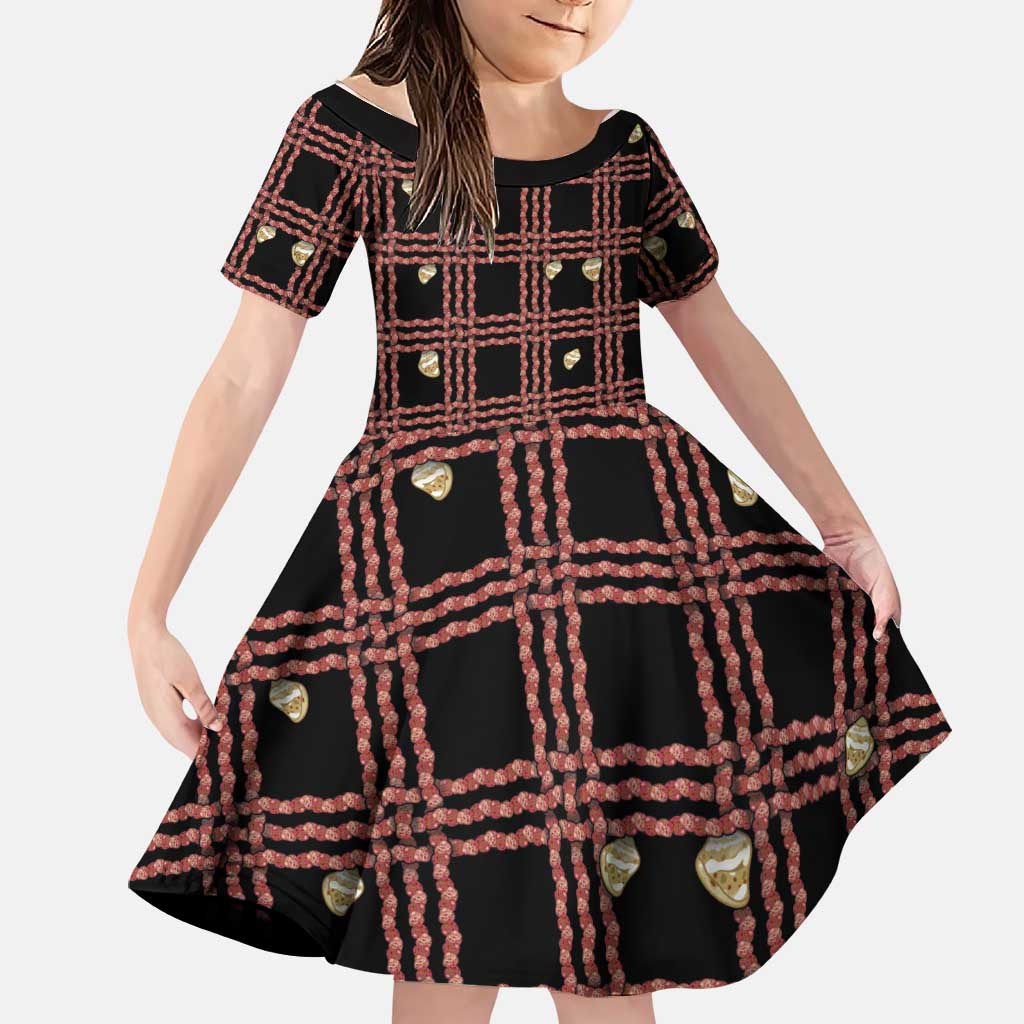 Hawaii Palaka Kahelelani Shell Lei Costume Family Matching Off Shoulder Short Dress and Hawaiian Shirt Plaid Patterns DT05 Daughter's Dress Black - Polynesian Pride