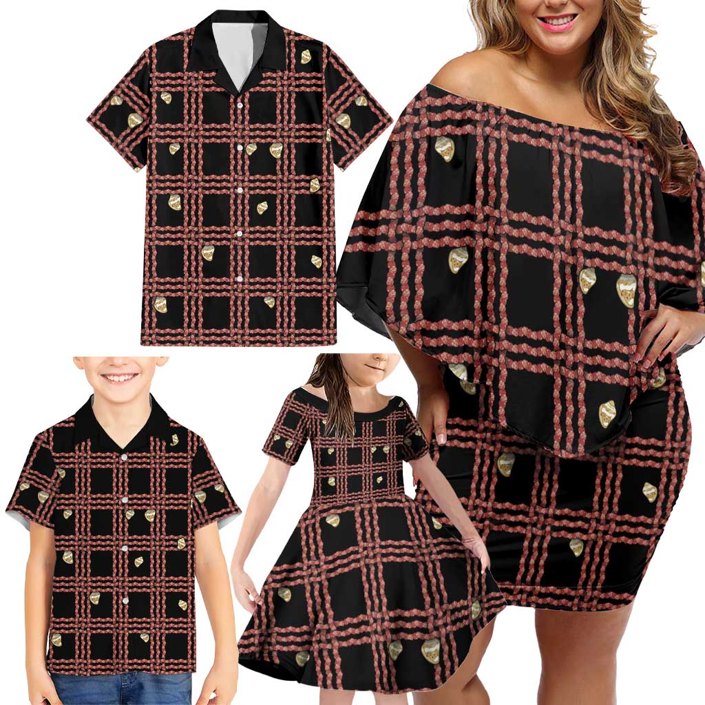 Hawaii Palaka Kahelelani Shell Lei Costume Family Matching Off Shoulder Short Dress and Hawaiian Shirt Plaid Patterns DT05 - Polynesian Pride