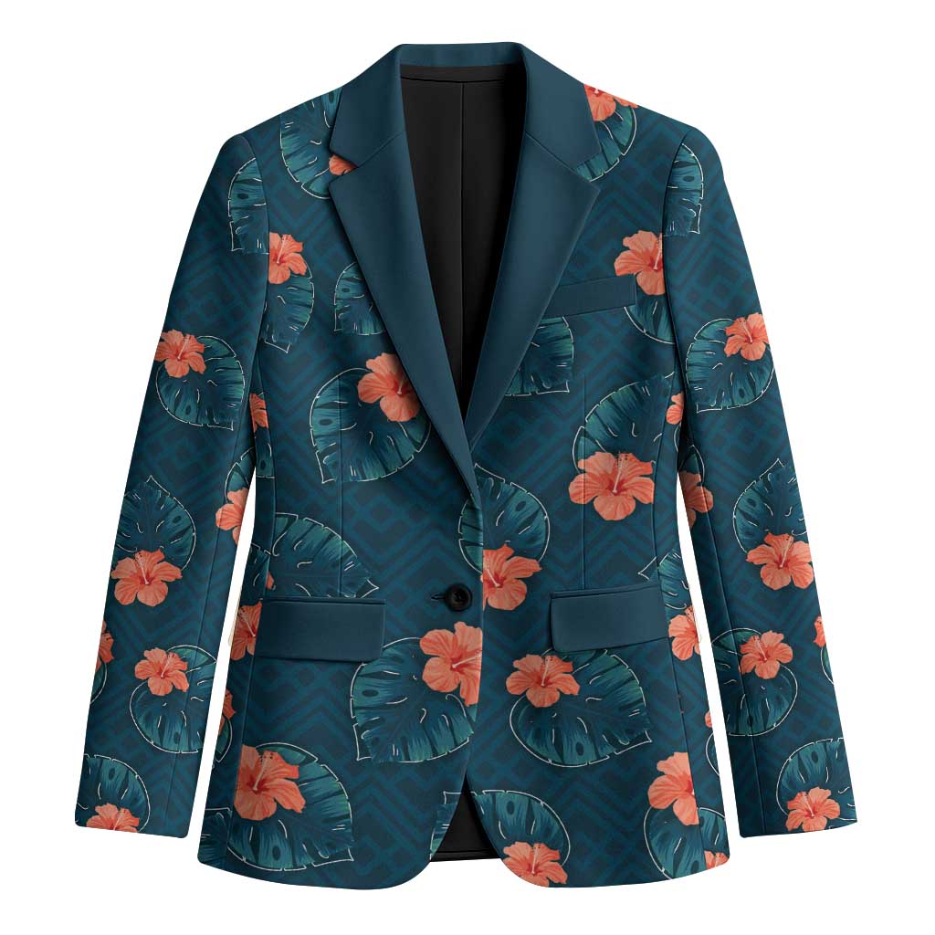 Hawaii Monstera Blazer Hibiscus Flowers Simple Style DT05 Unisex Dark Teal - Polynesian Pride