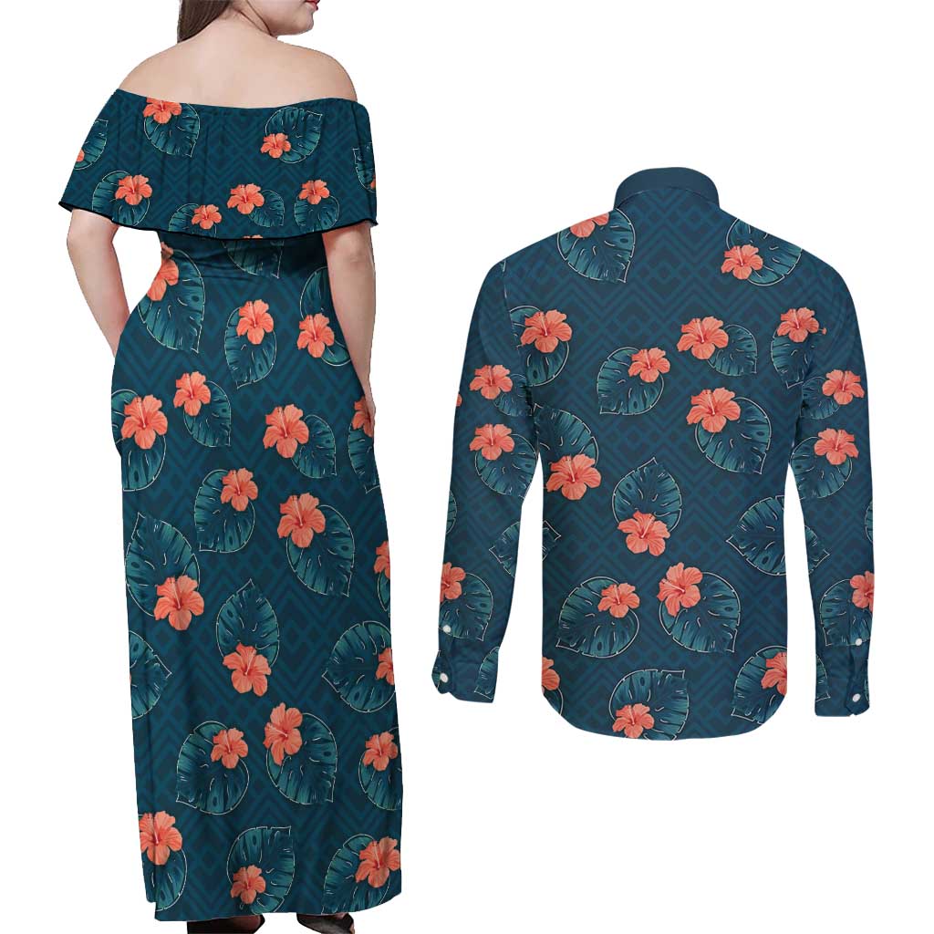 Hawaii Monstera Couples Matching Off Shoulder Maxi Dress and Long Sleeve Button Shirt Hibiscus Flowers Simple Style - Polynesian Pride