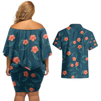 Hawaii Monstera Couples Matching Off Shoulder Short Dress and Hawaiian Shirt Hibiscus Flowers Simple Style - Polynesian Pride