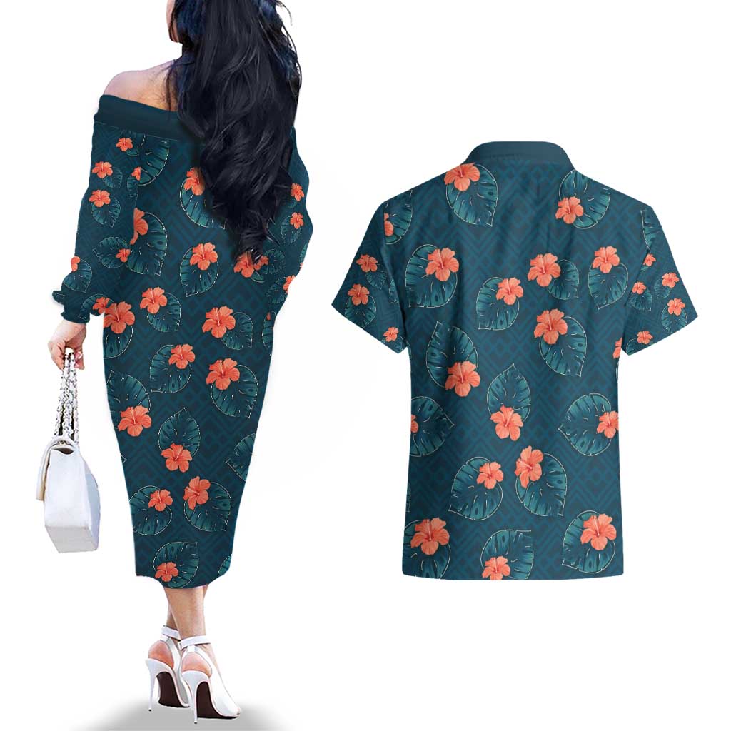 Hawaii Monstera Couples Matching Off The Shoulder Long Sleeve Dress and Hawaiian Shirt Hibiscus Flowers Simple Style - Polynesian Pride