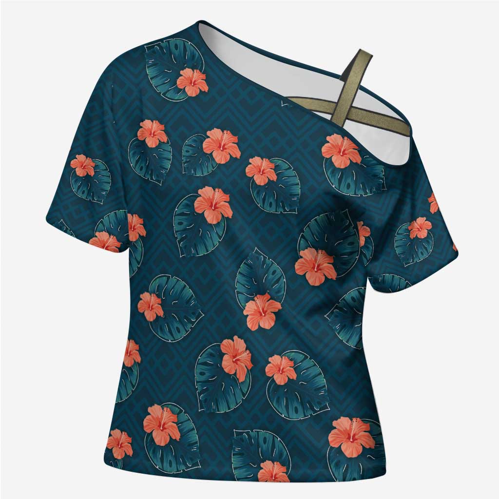 Hawaii Monstera Cross Shoulder Shirt Hibiscus Flowers Simple Style DT05 Female Dark Teal - Polynesian Pride
