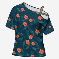 Hawaii Monstera Cross Shoulder Shirt Hibiscus Flowers Simple Style DT05 Female Dark Teal - Polynesian Pride