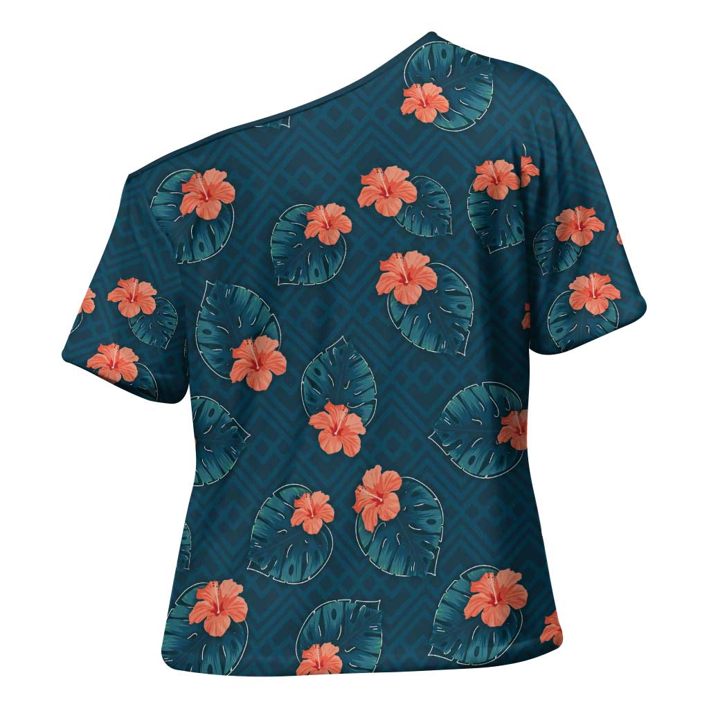 Hawaii Monstera Cross Shoulder Shirt Hibiscus Flowers Simple Style DT05 - Polynesian Pride