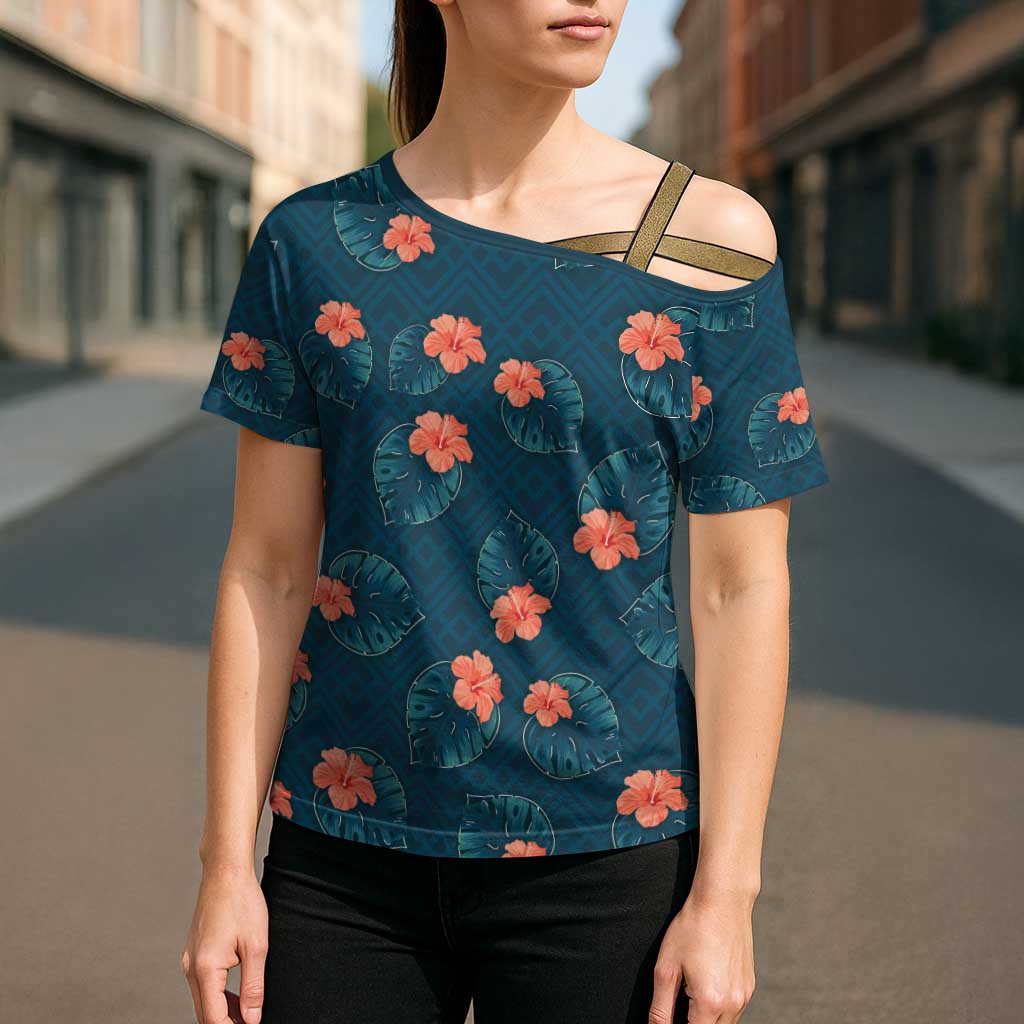 Hawaii Monstera Cross Shoulder Shirt Hibiscus Flowers Simple Style DT05 - Polynesian Pride