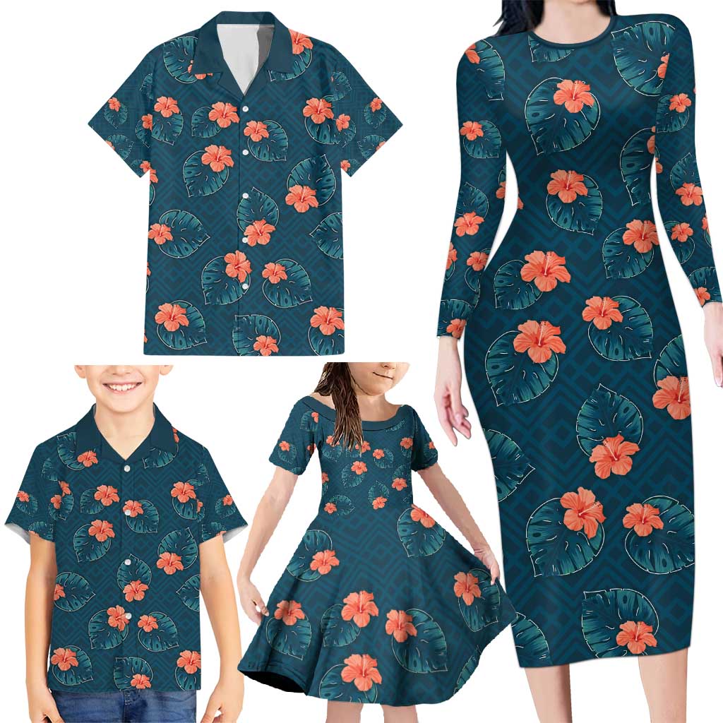 Hawaii Monstera Family Matching Long Sleeve Bodycon Dress and Hawaiian Shirt Hibiscus Flowers Simple Style - Polynesian Pride