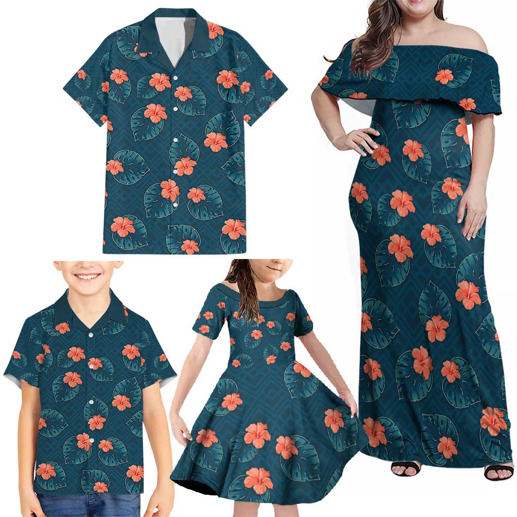 Hawaii Monstera Family Matching Off Shoulder Maxi Dress and Hawaiian Shirt Hibiscus Flowers Simple Style - Polynesian Pride