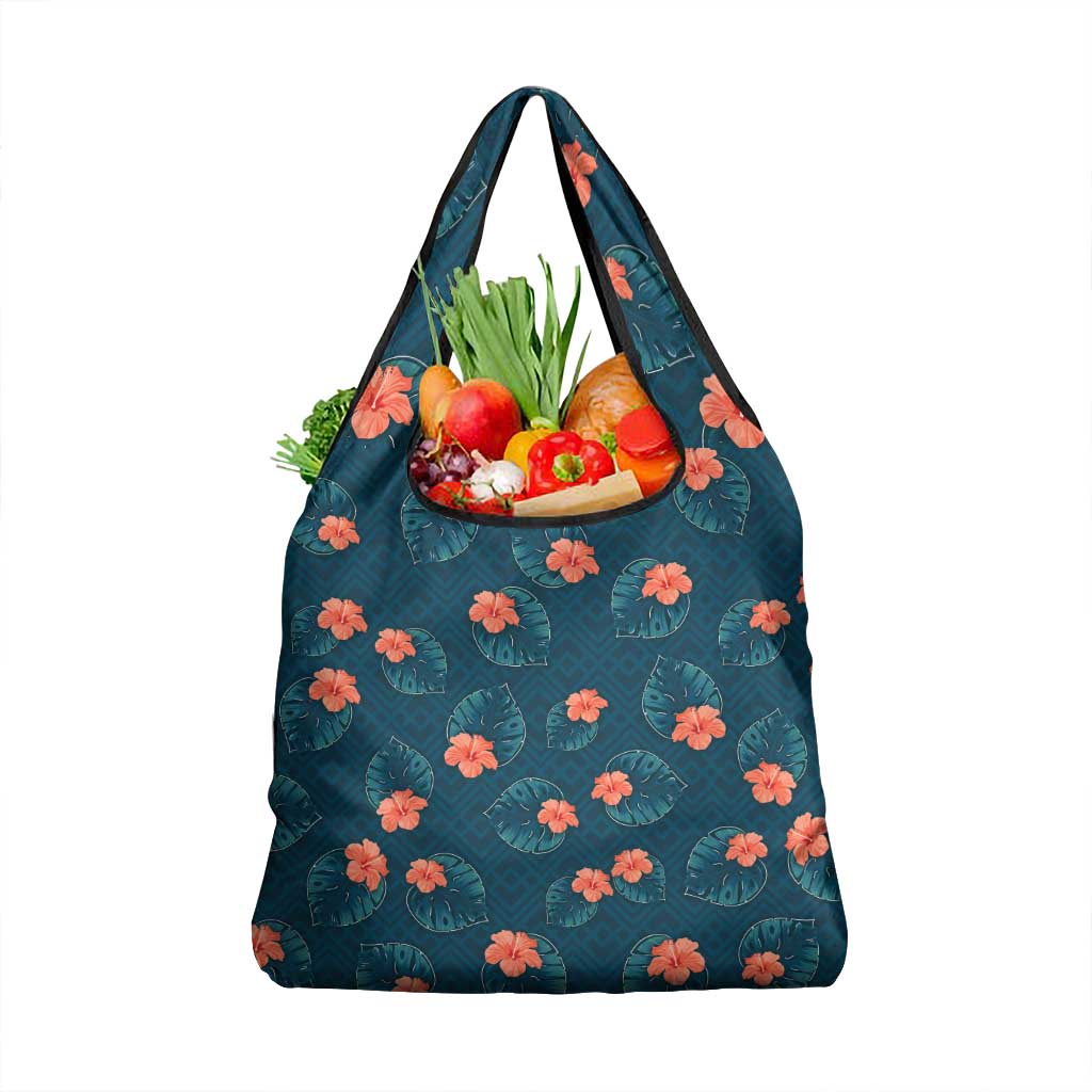 Hawaii Monstera Grocery Bag Hibiscus Flowers Simple Style DT05 1-pack One Size Dark Teal - Polynesian Pride
