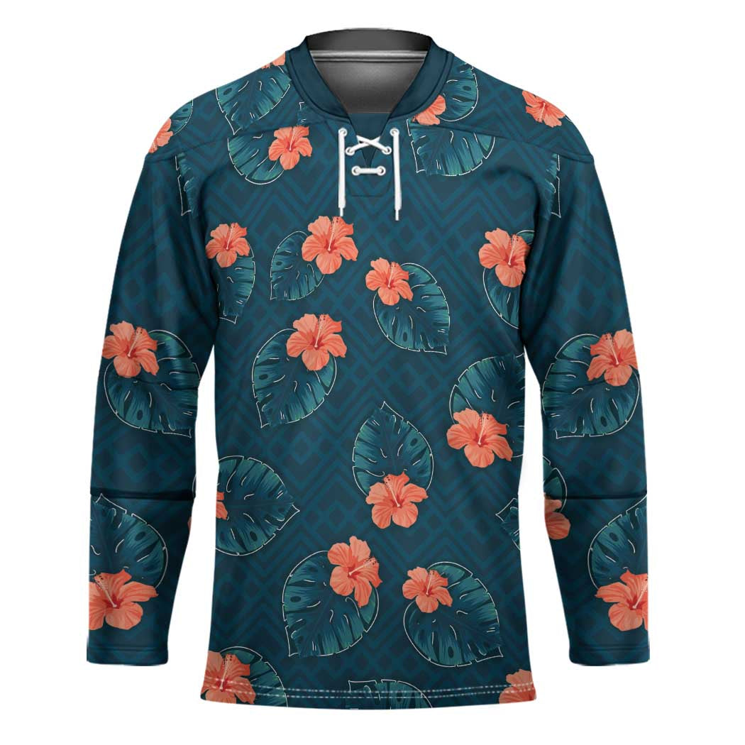 Hawaii Monstera Hockey Jersey Hibiscus Flowers Simple Style DT05 Unisex Dark Teal - Polynesian Pride