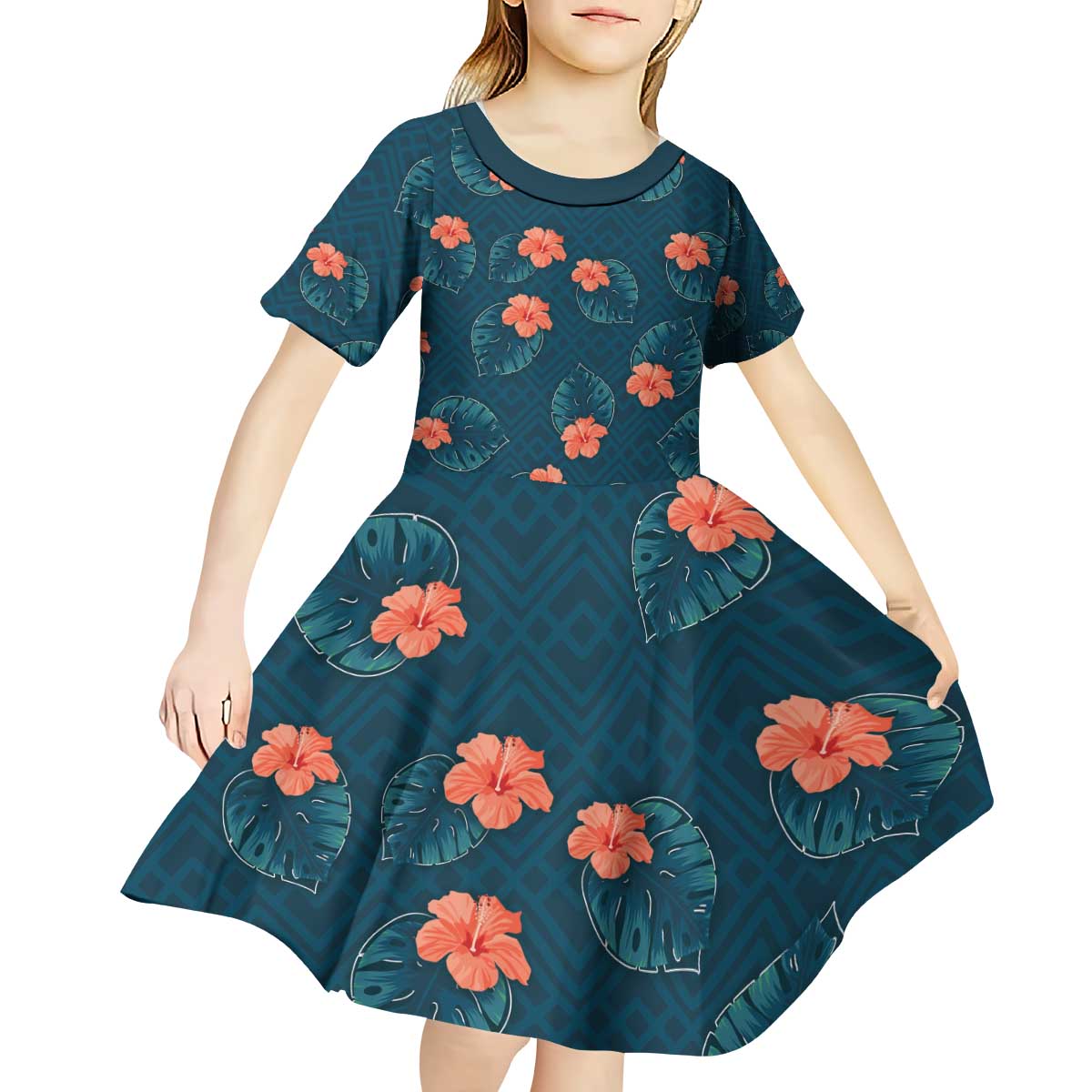 Hawaii Monstera Kid Short Sleeve Dress Hibiscus Flowers Simple Style - Polynesian Pride