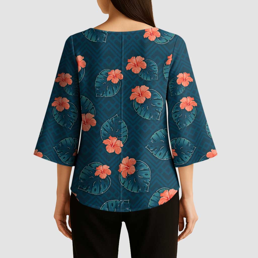Hawaii Monstera Kimono Sleeve Blouse Hibiscus Flowers Simple Style - Polynesian Pride