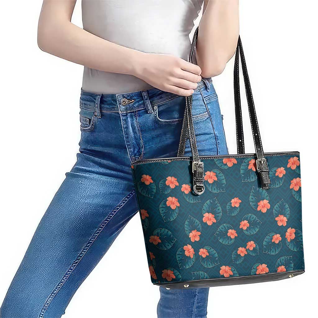 Hawaii Monstera Leather Tote Bag Hibiscus Flowers Simple Style - Polynesian Pride