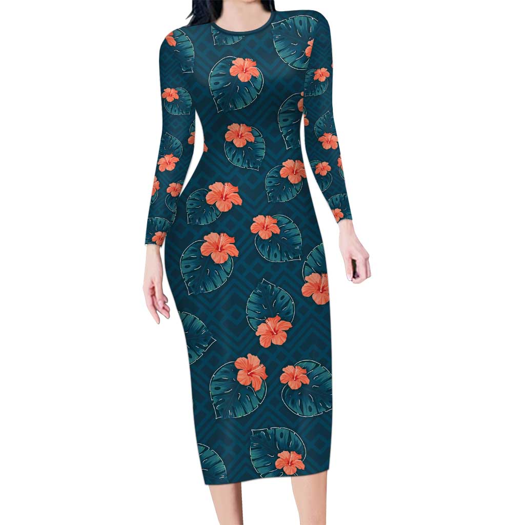 Hawaii Monstera Long Sleeve Bodycon Dress Hibiscus Flowers Simple Style - Polynesian Pride