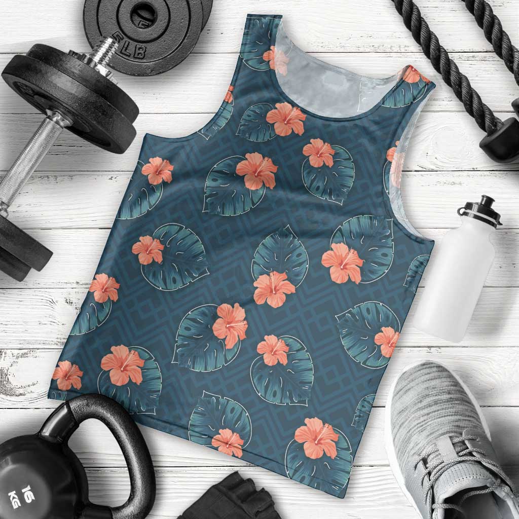 Hawaii Monstera Men Tank Top Hibiscus Flowers Simple Style - Polynesian Pride