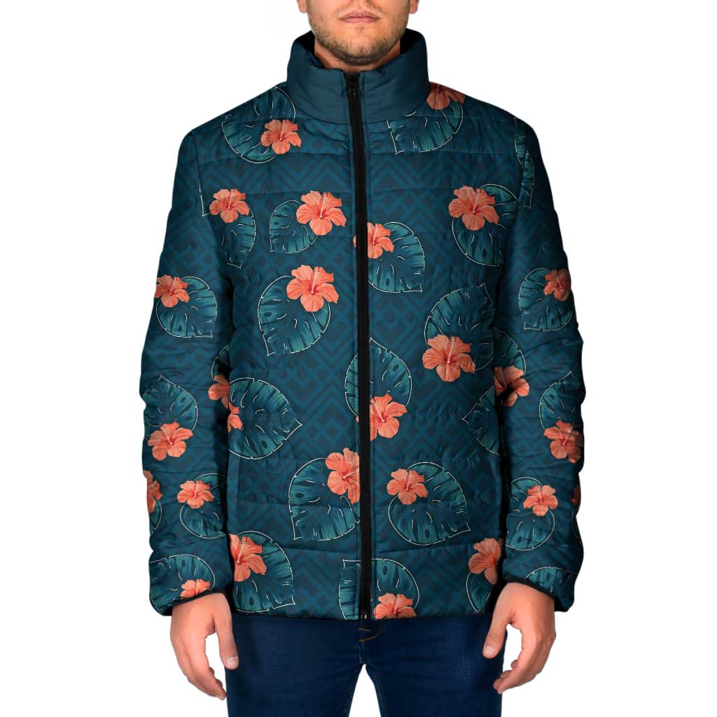 Hawaii Monstera Padded Jacket Hibiscus Flowers Simple Style DT05 Men Dark Teal - Polynesian Pride