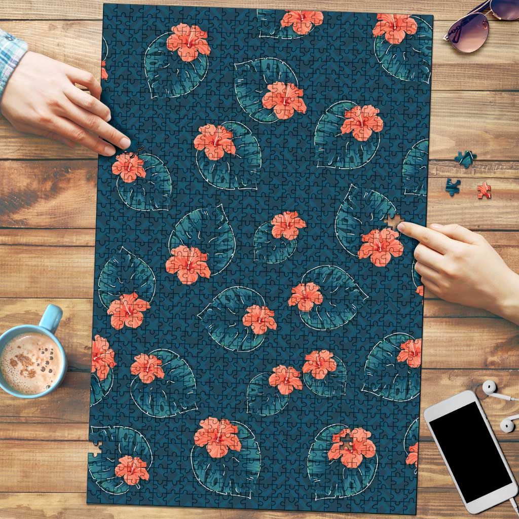 Hawaii Monstera Puzzle Hibiscus Flowers Simple Style DT05 Dark Teal - Polynesian Pride